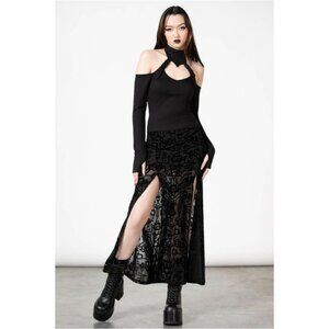 Killstar ✦ Charged Split Maxi Skirt ✦ Black Mesh Cyber Pattern Double Slit Skirt